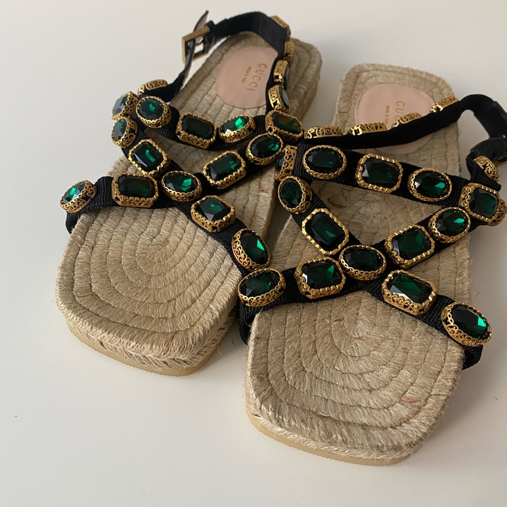 Gucci Grosgrain Espadrille Sandal with Green Crystal